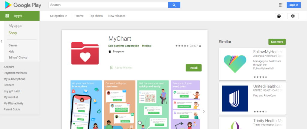 MyChart BJC App page where mychart written with heart shaped logo